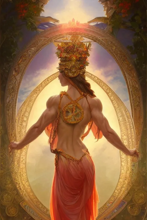 Image similar to goddess of love and peace, accurate anatomy, only two hands, highly detailed, digital painting, artstation, concept art, smooth, sharp focus, illustration, Unreal Engine 5, 8K, art by artgerm and greg rutkowski and alphonse mucha and IFBB pro fitness photograph