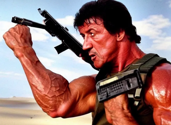 Image similar to sylvester stallone in a still from the movie Commando (1985)