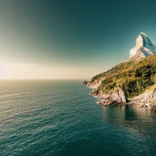 Image similar to matterhorn in the seaside with cinque terre cities on a cliff, drone picture, very realistic