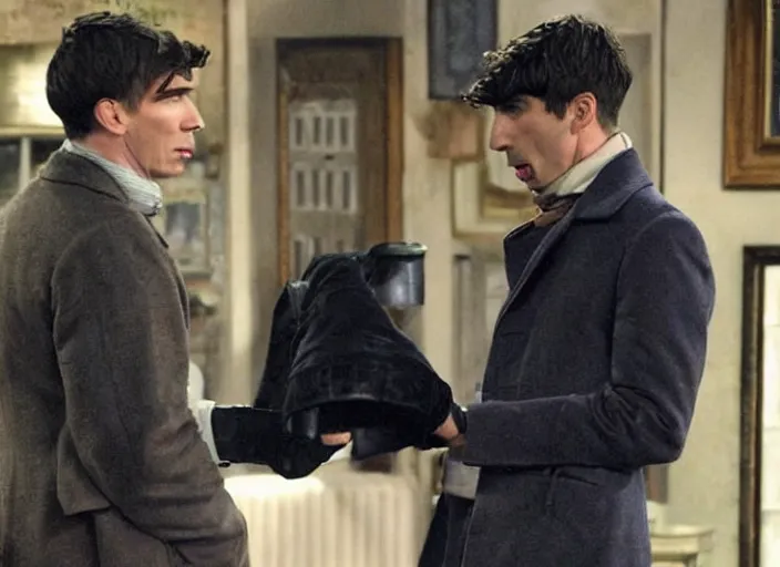 Image similar to Thomas Shelby (portrayed by Cillian Murphy) shoots Ross Geller ( portrayed by David Schwimmer) in an episode of TV sitcom Friends.