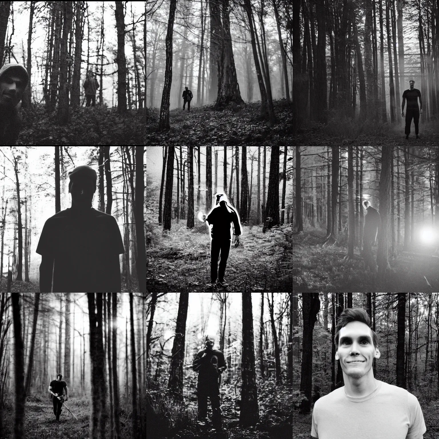 Prompt: Twitch streamer Jerma985 in the woods late at night, grainy, monochrome