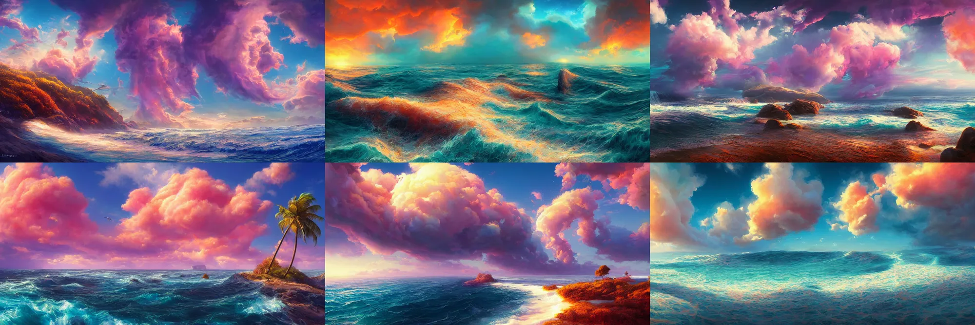 Prompt: sperical hdri map, epic smooth illustration, ocean, mattepainting, fall vibrancy, swirly cotton candy clouds, by lisa frank, by greg rutkowski, by wlop, by namek