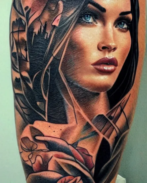 Image similar to tattoo design sketch of megan fox with amazing mountain scenery, with double exposure effect, realism tattoo, in the style of den yakovlev, amazing detail, sharp