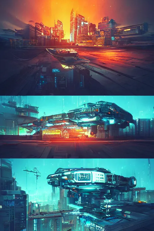 Image similar to cyberpunk buildings with a flight vehicle glowing in the sky, neon sign, bottom view, bladerunner, digital illustration, artstation, cinematic composition