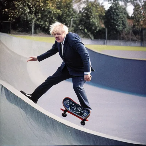 Prompt: boris johnson skateboarding the half pipe, photorealistic, velvia