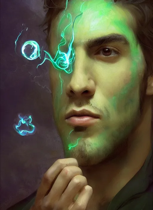 Image similar to character concept portrait of an attractive young clever Spanish wizard with powder-green skin conjuring a nature spell, a floating iridescent spell book in the center, intricate, elegant, digital painting, concept art, smooth, sharp focus, illustration, from Metal Gear, by Ruan Jia and Mandy Jurgens and William-Adolphe Bouguereau, Artgerm