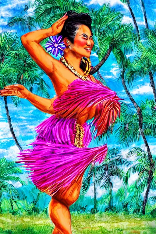 Prompt: traditional hawaiian hula dancer, high detail, beautiful background