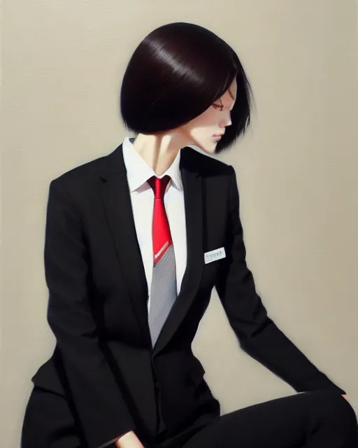 Prompt: a ultradetailed beautiful panting of a stylish woman wearing a black loose fit suit with a tie, oil painting, by ilya kuvshinov, greg rutkowski and makoto shinkai, trending on artstation