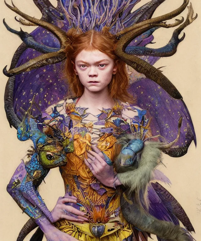 Image similar to a portrait photograph of a meditating fierce sadie sink as a colorful harpy antilope super hero with blue spotted skin with scales. she is being transformed into a alien amphibian. by donato giancola, hans holbein, walton ford, gaston bussiere, peter mohrbacher and brian froud. 8 k, cgsociety, fashion editorial