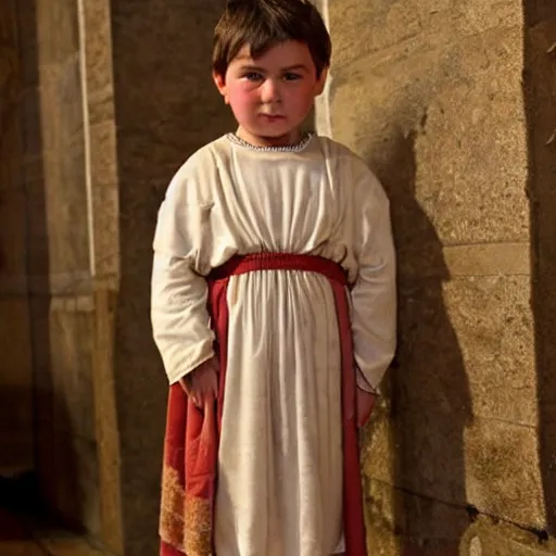 Prompt: child in roman emperor's clothing