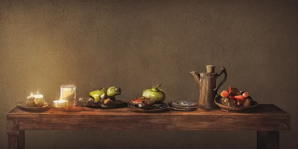 Prompt: Still art, the antique old table with antique ceramic jug with palms inside, candle near jug and vegetables on table, cinematic light, digital art