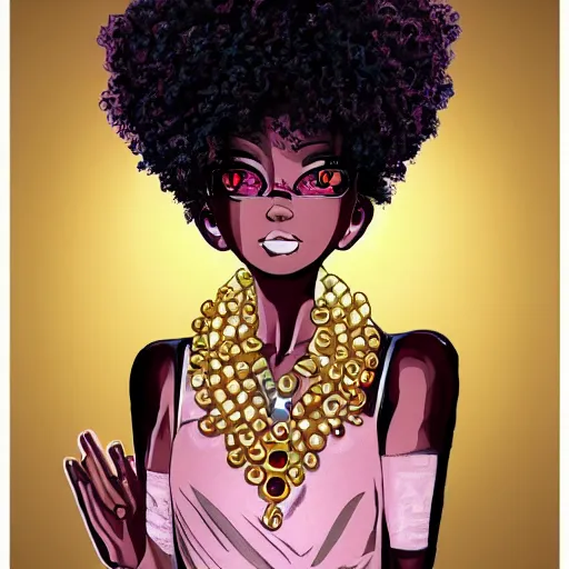 Prompt: black woman with a gold afro in anime style, highly detailed, sharp colors.