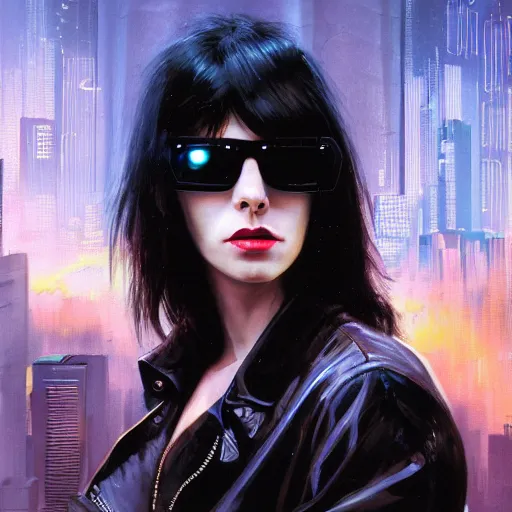 Prompt: cyberpunk, closeup portrait of a young chrissie hynde, razorgirl, sunglasses, black hair, dramatic light, city background, sunset, dystopian setting, high contrast, sharp, molly millions, neuromancer, painted by stanley lau, painted by greg rutkowski, painted by stanley artgerm, digital art, trending on artstation