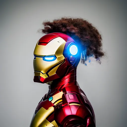 Image similar to the rock as iron man, photography, headshot, headpiece, female character, canon eos r 3, f / 1. 4, iso 2 0 0, 1 / 1 6 0 s, 8 k, raw, unedited, symmetrical balance, in - frame