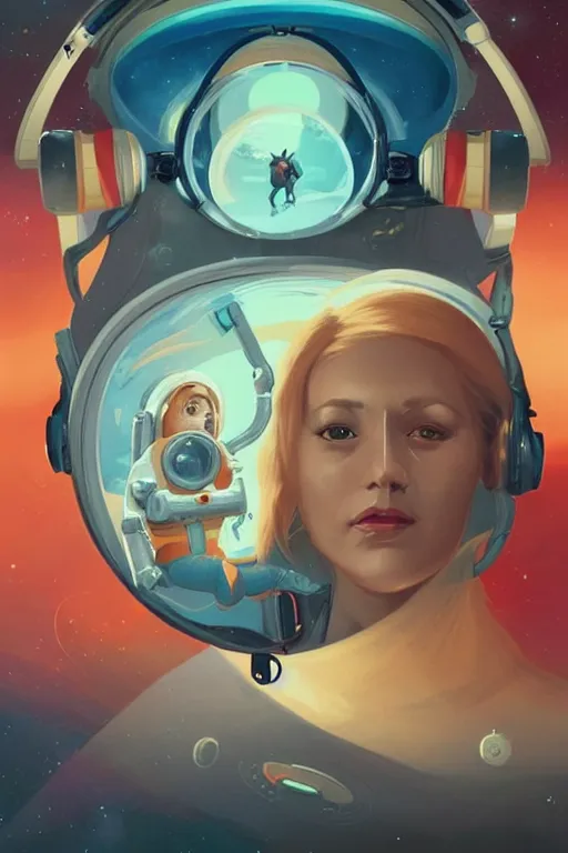 Image similar to a poster design of a portrait of a female blonde astronaut wearing headphones in space, universe, cyberpunk, warm color, Highly detailed labeled, poster, peter mohrbacher, featured on Artstation