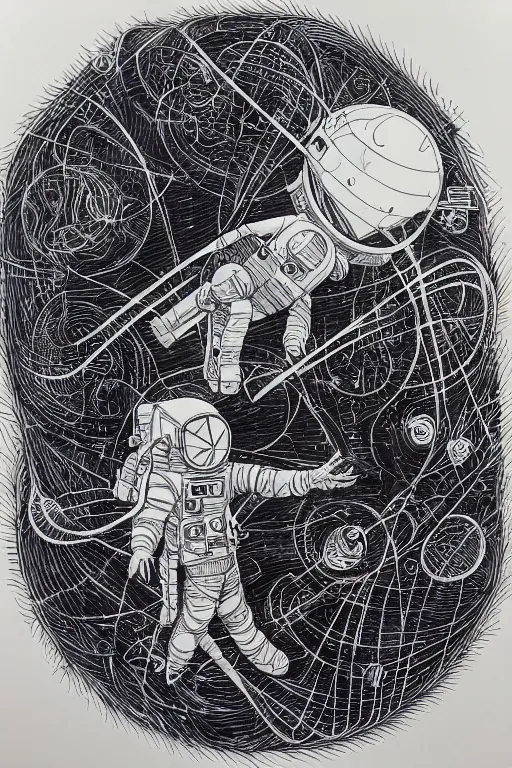 Image similar to 'meditating astronaut by Aaron Horkey, photorealism, line-drawing, water color on white paper'