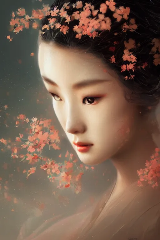 Image similar to geisha prima ballerina, gorgeous, ethereal, close-up portrait, intricate, elegant, volumetric lighting, scenery, digital painting, highly detailed, artstation, sharp focus, illustration, concept art, ruan jia, steve mccurry