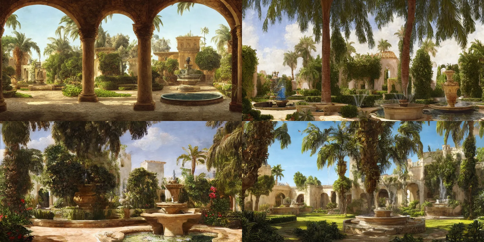 Prompt: Interior view of a garden in a 15th century Spanish villa with a fountain in the middle, there are palm trees and plants. highly detailed 4k. bright day, angled sunlight. wide shot, cinematic composition, bright beige colors. style of Greg rutkowski
