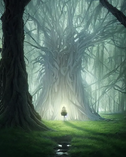 Image similar to highly detailed surreal vfx portrait of a cursed crown in a shadowy forest by a willow tree, stephen bliss, unreal engine, greg rutkowski, loish, rhads, beeple, makoto shinkai and lois van baarle, ilya kuvshinov, rossdraws, tom bagshaw, alphonse mucha, global illumination, detailed and intricate environment