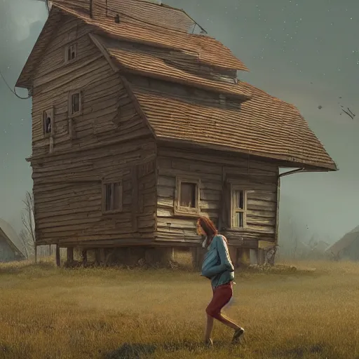 Image similar to woman leaving her wooden broken house by simon stålenhag, very highly detailed, award winning, rendered by Beeple, by Makoto Shinkai, syd meade, starwars, space art concept, digital art, unreal engine, blender, WLOP, trending on artstation, 4K UHD image, octane render