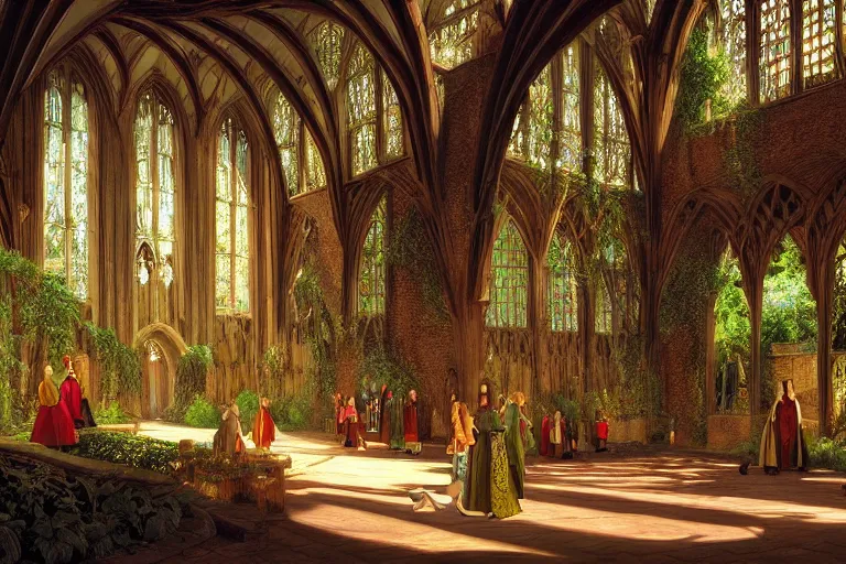 Prompt: elaborate dense beautiful scene from redwall abbey by brian jacques and zaha hadid