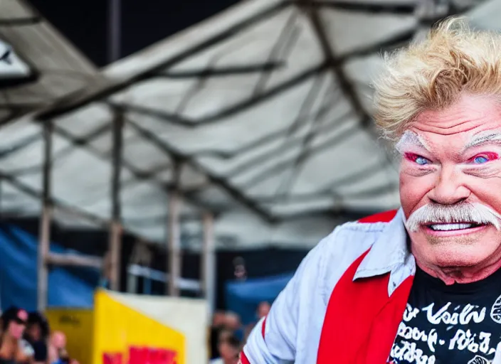 Image similar to photo still of rip taylor at vans warped tour!!!!!!!! at age 6 3 years old 6 3 years of age!!!!!!! throwing bees at a crowd, 8 k, 8 5 mm f 1. 8, studio lighting, rim light, right side key light