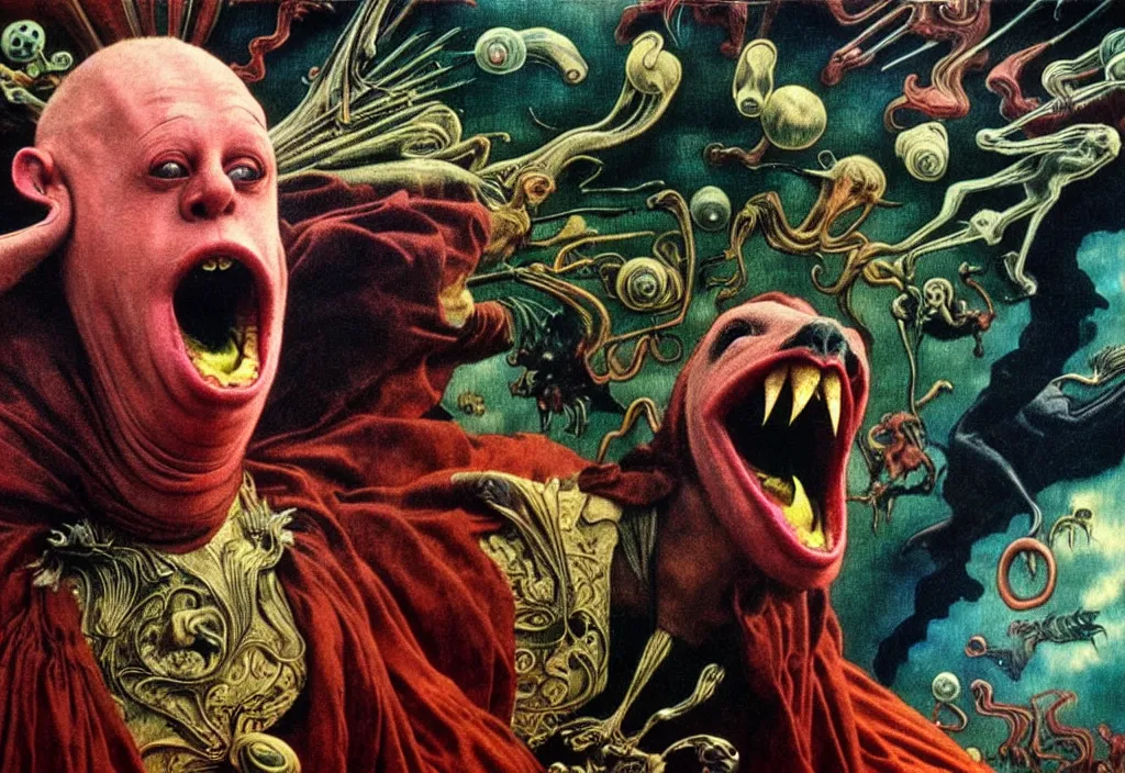 Prompt: realistic detailed portrait movie still of a screaming birdman wearing black robes, sci fi landscape background by denis villeneuve, amano, yves tanguy, alphonse mucha, max ernst, ernst haeckel, roger dean, masterpiece, rich moody colours, snarling dog teeth