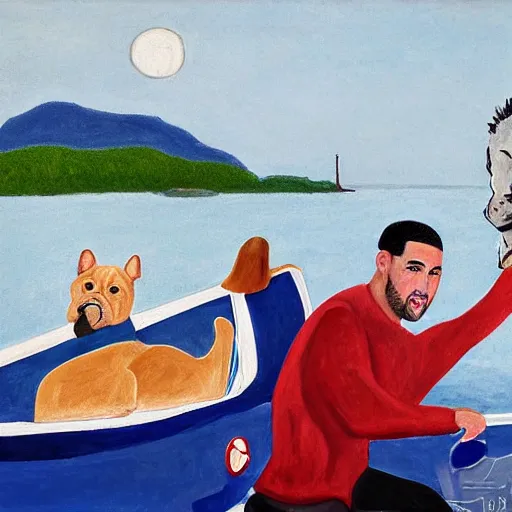 Image similar to klay thompson on a boat with his bulldog, by georgia o'keefe, by mark rothko