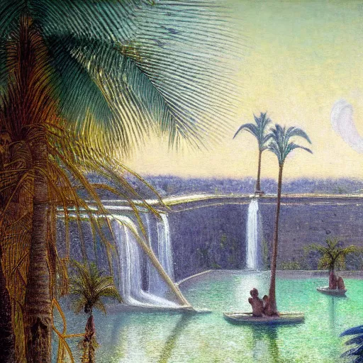 Image similar to a ultradetailed beautiful painting of the diamonds waterfall in the amazonas palace balustrade designed by jules bastien - lepage, tarsila do amaral, frank weston and gustave baumann, beach, trending on artstation, mediterranean, palm trees, sharp focus, soft light, 8 k 4 k