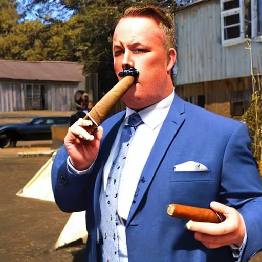 Image similar to Blue Heeler, wearing a suit and smoking a cigar, holding a shotgun and pointing it at somebody mob-style.