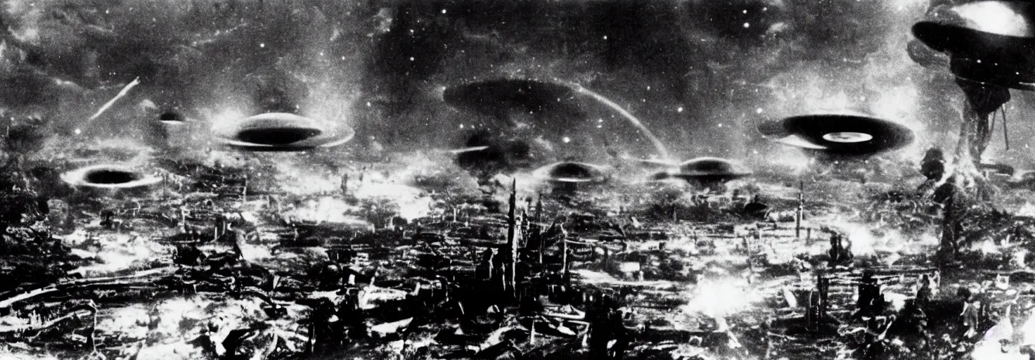 Prompt: Invasion of an alien life form in Germany, black and white photography, World War II, destruction, ufo, flying saucers, laser weapons, outerspace, technology