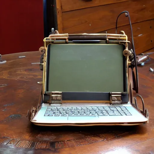 Prompt: 1950s portable laptop prototype, steam punk style with large gears with wood, on top of a glass table, next to a plant