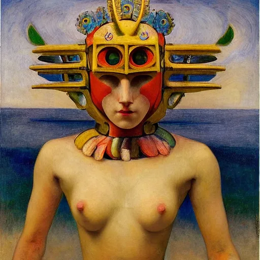 Image similar to the young robot goddess with her feathered bird mask, by annie swynnerton and diego rivera and elihu vedder, symbolist, dramatic lighting, elaborate geometric ornament, head and shoulders view, art brut, soft cool colors, smooth, sharp focus, extremely detailed, adolf wolfli