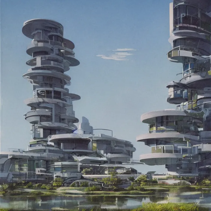 Image similar to a building in a serene landscape, retrofuturism