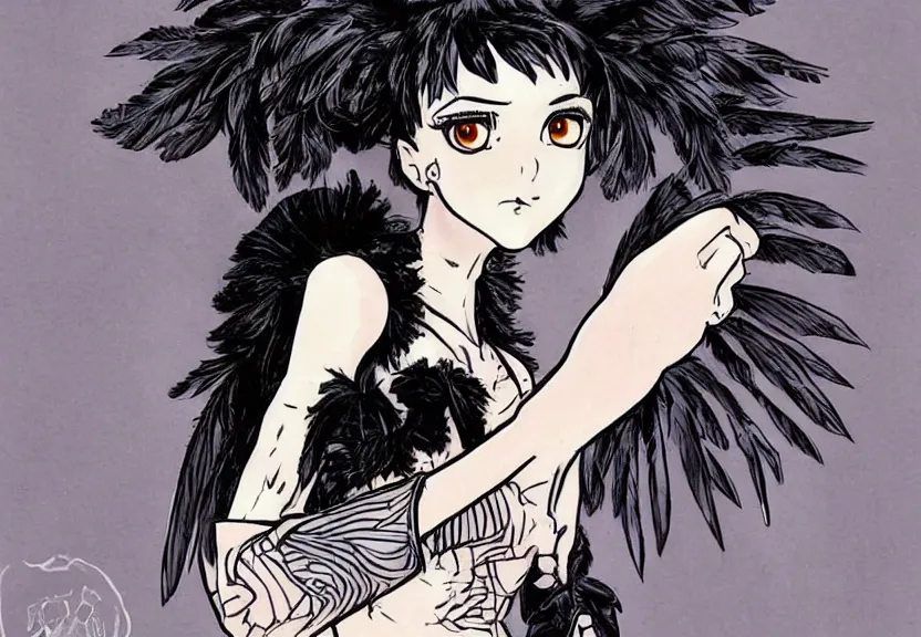 Prompt: beautiful little girl with a short black haircut wearing a dress made of black feathers, artwork in jojo bizarre adventure art style, anatomically perfect