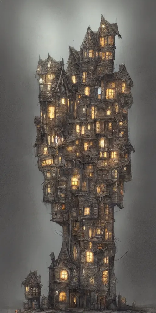 Image similar to an infinite amount of medieval houses stacked on each other, creating a very thin monolith, concept art, very very very very tall, trending on deviantart, movie still, award wining photograph