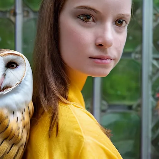 Image similar to amazing portrait photograph of beautiful young female model, symmetric face, symmetric eyes, slight smile, natural light,wearing a yellow kimono with a very detailed barn owl on her shoulder!!! in a tropical greenhouse. looking at the camera!!. super resolution. Extremely detailed. art by Rineke Dijkstra.