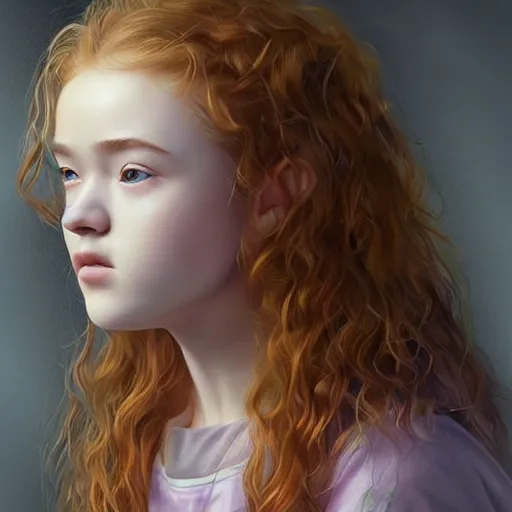Image similar to portrait of a hybrid of julia garner and sadie sink, photo realistic, highly detailed, perfect face, art by artgerm