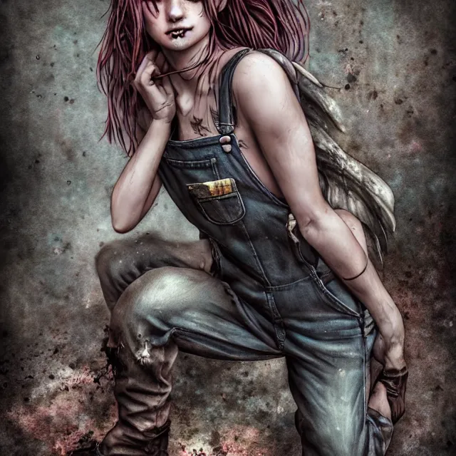 Prompt: full body pose, beautiful adult anarchy fairy, dirty, grungy, grunge, overalls, highly detailed, 4 k, hdr, smooth, sharp focus, high resolution, award - winning photo, artgerm, photorealistic