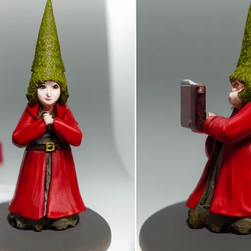 Prompt: 80mm resin model figure female gnome wearing long red coat and holding open spellbook, highly textured, fantasy, D&D, HDR, , natural light, medium close shot, tilt shift, dynamic pose, award winning photograph!, Mucha style