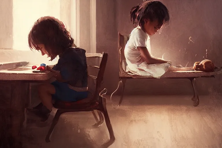 Image similar to little girl eating oreos, her baby sister is playing video games, the little girls are black, a beautiful painting , by greg rutkowski and kalin popov , trending on artstation hd