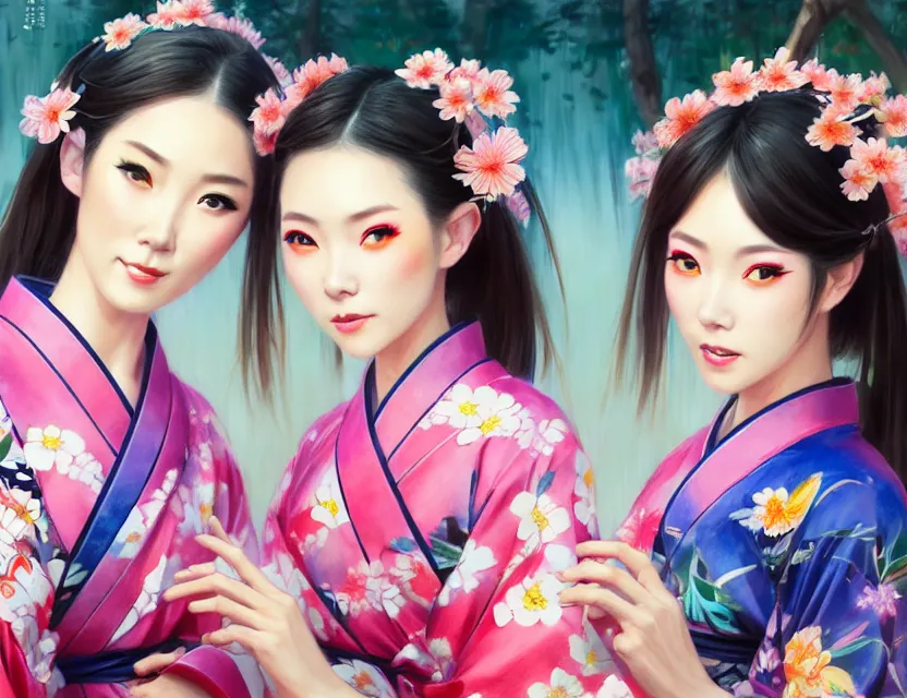 Image similar to two beautiful fashion taiwan girls wear fantasy yukata in festival | | big eyes, sunny, dreamlike art, realistic shaded, smile, good looking, fine details, 4 k realistic, cryengine, realistic shaded lighting poster by greg rutkowski, magali villeneuve, artgerm, jeremy lipkin and michael garmash and rob rey