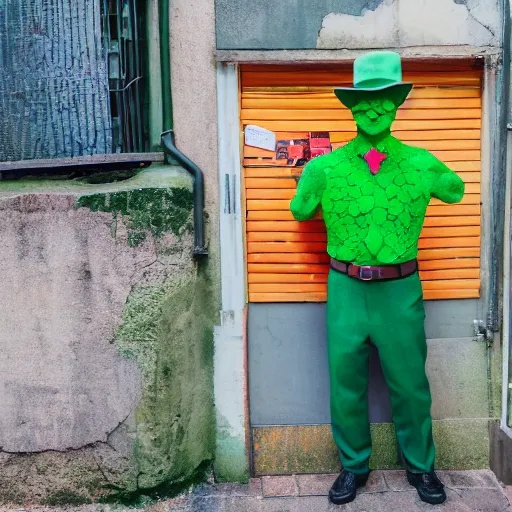 Image similar to Green man with a smug face and a fedora, wearing colorful outfit, uneven arms, in an alleyway, photo