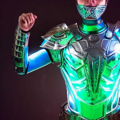 Prompt: holographic corinthian armor, man wearing armor, glowing, see through, spectacular