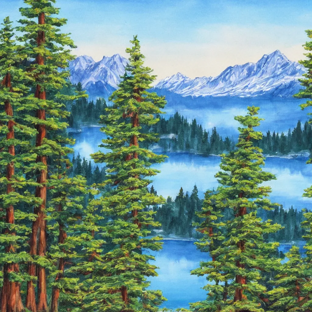 Prompt: a lake surrounded by pine trees with mountains in the background painted by Bob Ross