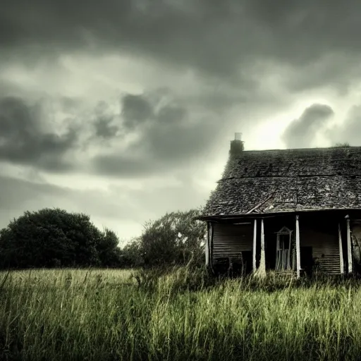 Image similar to old abandoned house in daisy field, cloudy sky, huge cloud, mist, ultra - realiste, cinematic, hd, 8 k