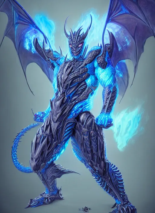 Image similar to muscular and tall blue ghostly fire humanoid dragon!!!! draconian!! intricate ornate iridescent heavy armor!! character concept art, sharp focus, octane render! unreal engine 5! highly rendered!! trending on artstation!! detailed linework!! illustration by artgerm, wlop, and chie yoshii