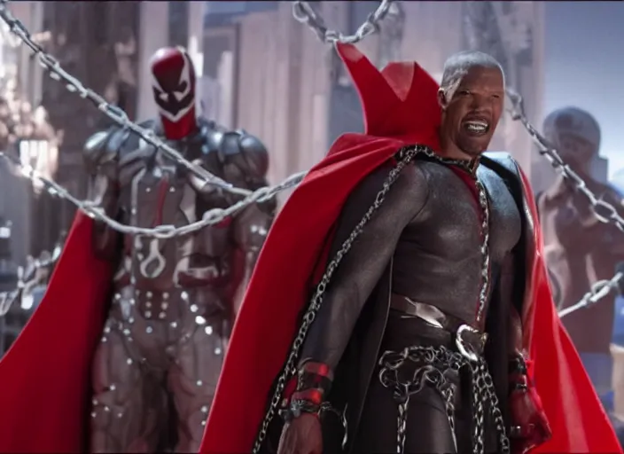 Image similar to film still of jamie foxx as spawn in the new spawn movie, giant chains, large cape, 8 k