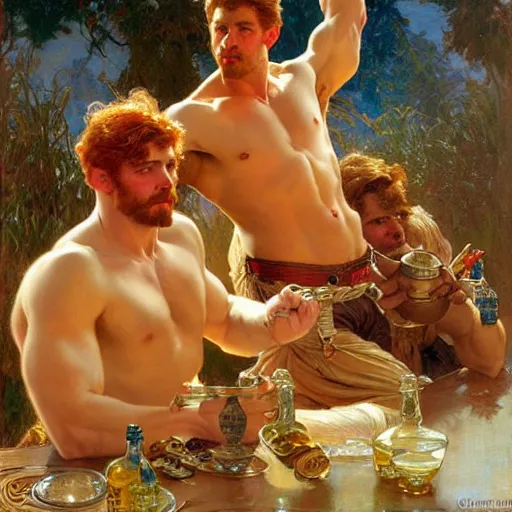 Image similar to attractive muscular mike with ginger hair and muscular attractive ty with brunet hair, drinking their hearts out, boys night out. highly detailed painting by gaston bussiere, craig mullins, j. c. leyendecker, alphonse mucha 8 k