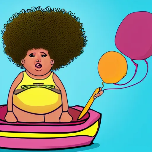 Image similar to a fat girl with a big afro sitting in a boat who is eating crayons